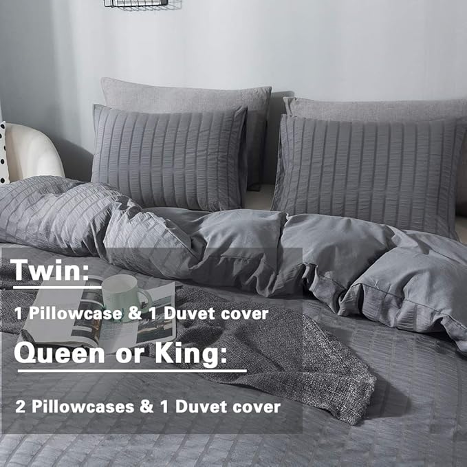 AveLom Seersucker Duvet Cover Set King Size (104 x 90 inches), 3 Pieces (1 Duvet Cover + 2 Pillow Cases), Dark Gray Ultra Soft Washed Microfiber, Textured Duvet Cover with Zipper Closure, Corner Ties