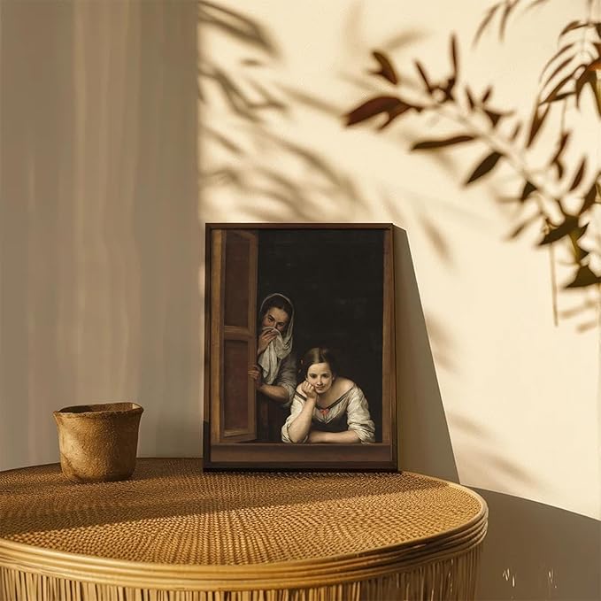 XOCUUI Oil Painting Vintage Poster of Girl on The Windowsill and Woman Portrait in Window Victorian | 8x10 Antique Print | Unframed Wall Art | Old Style Gift | Rustic Home Office Decor