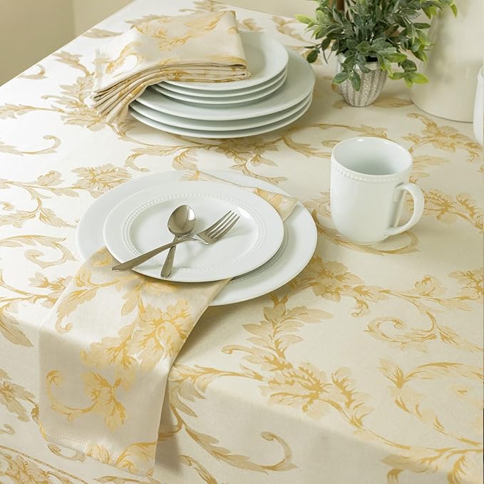 Benson Mills Harmony Scroll Woven Damask Fabric Tablecloth, Everyday, Parties, Special Occasions, Weddings and Holiday Table Cloth (60" X 144" Rectangular, Silver – Gold)