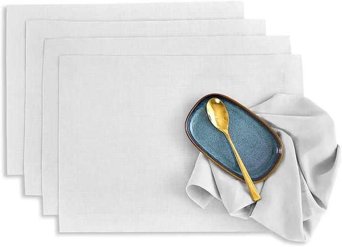 Solino Home Linen Placemats Set of 4 - Silver Cloud Placemats 14 x 19 Inch - 100% Pure Linen Table Place Mats - Fete