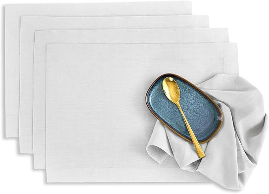 Solino Home Linen Placemats Set of 4 - Silver Cloud Placemats 14 x 19 Inch - 100% Pure Linen Table Place Mats - Fete