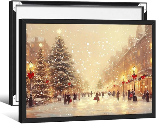 Winter Christmas Landscape Wall Art Fashion Snowscape Poster Vintage Cozy Scenic Canvas Prints 12x16 inch Black Framed for Living Room Office Wall Decor