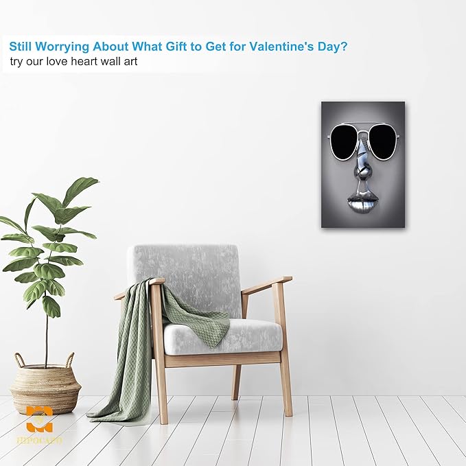 3D Metal Effect Wall Art - 3D Wall Art Decor Artwork Wear Sunglasses Siliver Figure Statue Modern Art Canvas Painting, Large Wall Art for Bedroom Dercor Framed 12”x18”x1Pcs