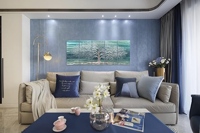 Yihui Arts Large Metal Wall Art Handcrafted Aesthetic Tree Pictures on Aluminum 5 Panels Teal and Silver Abstract Landscpae Artwork for Living Room Bedroom Dinning Decor
