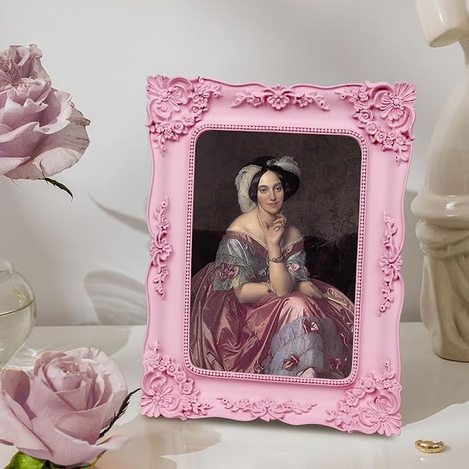 Pink Picture Frame 5x7 Vintage Victorian Picture Frame Antique Ornate Baroque for Tabletop or Wall Hanging Small with Glass Front