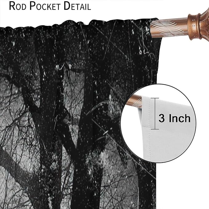 Gothic Forest Blackout Curtains, Foggy Forest Dead Trees Crow Halloween Style Black White Scary Print Window Treatments, for Bedroom Living Room 27.5(W)*63(L) 2 Panels