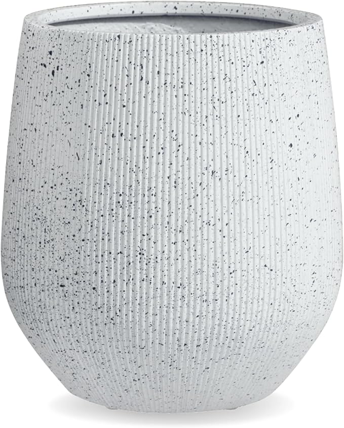 12.5"H x 11.5"D Ribbed Corso Fiberstone Round Planter, Christmas Tree Planter, Weather Resistant for Indoor & Outdoor Use, Included 2 Extra Coco Mats (Ribbed Speckled White, 9" Pot Opening)