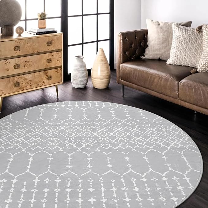Lahome Moroccan 5Ft Round Rug - Machine Washable Round Bedroom Carpet Grey Non-Slip Throw Circle Rugs for Living Room Low-Pile Large Round Rug, Modern Geometric Print Carpet for Office Dining Room