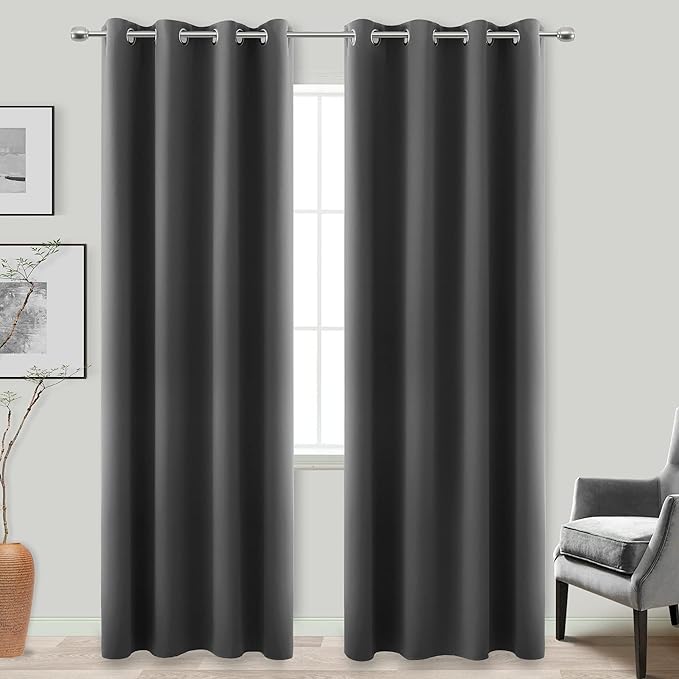 KOUFALL Blackout Curtains for Living Room 86 Inches Long,Window Treatments Curtain Set of 2 Panels,Dark Grey