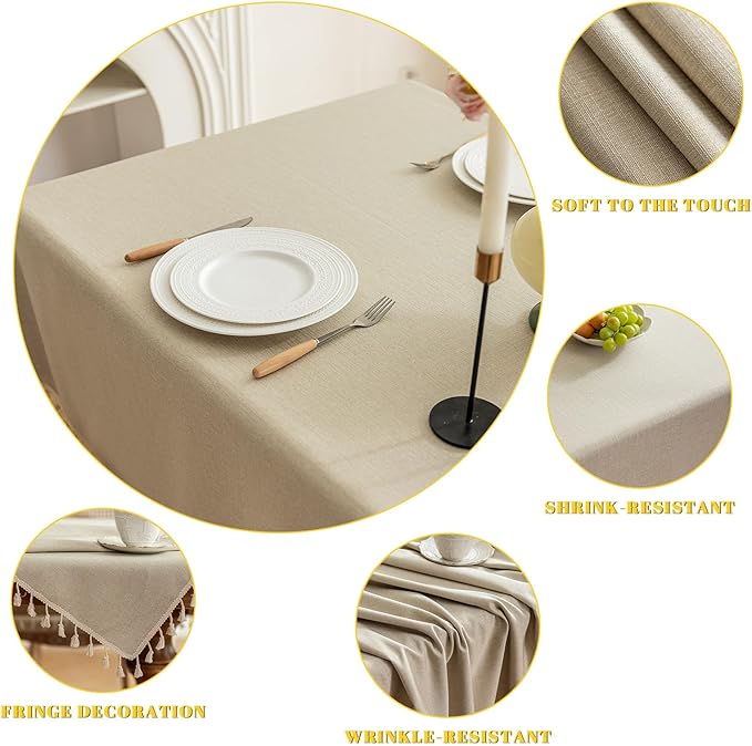 1 Pack Heavy Duty Cotton Tablecloth Soft Wrinkle Resistant Fabric with Decorative Tassles Fringe for Kitchen Dining Table, Warm Beige, 55x120 Inch