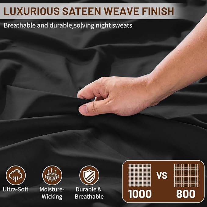 MEISHANG 1000 Thread Count Cotton Sheets King Size - 100% Egyptian Cotton, Sateen Weave, Soft & Breathable, Oeko-Tex Certified, 16" Deep Pockets - 4 Piece (King, Black)