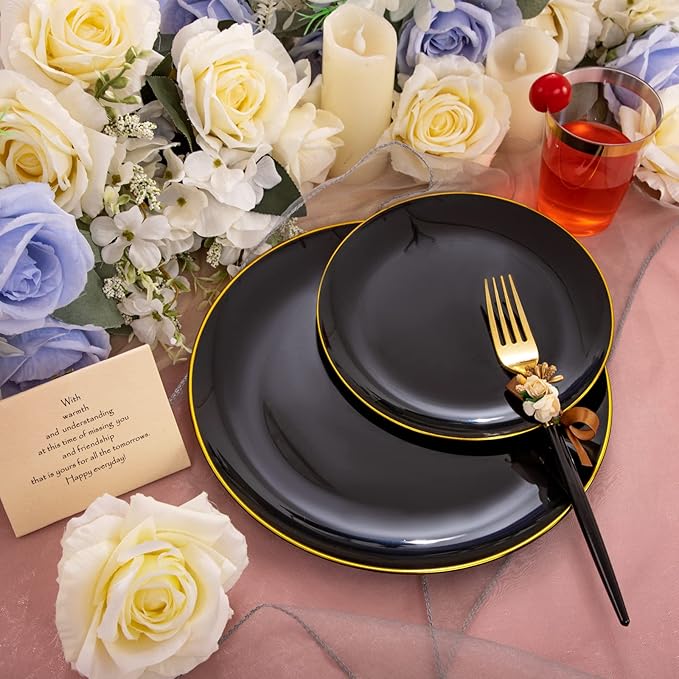 LIYH 180 Pcs Black Plastic Dinnerware Set with Gold Silverware,Halloween Plates, Black Plastic Plates Disposable, Heavyduty Gold Utensils Set for Parties,Halloween Happy New Year 30 Guests