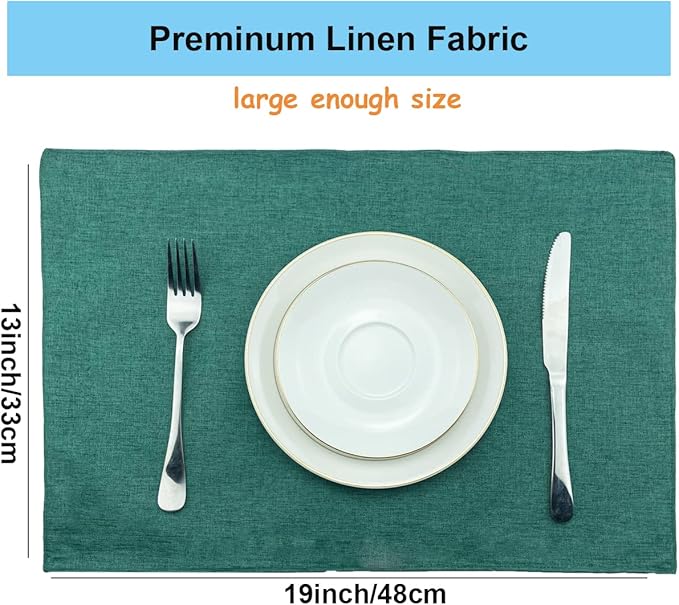 Weabetfu Cloth Placemats Set of 4 Heat Resistant Dining Table Placemmats Cotton Linen Machine Washable Kitchen Table Mats Wrinkle Free Thick Fabric Place Mat,Easy to Clean,13"x19",Green