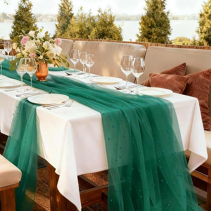 WELTRXE Pearl Table Runner 30 x 120 Inch 10 FT Long, Green Gauze Table Runners, Rustic Boho for Wedding Arch Birthday Party Bridal Veil Baby Shower Decorations