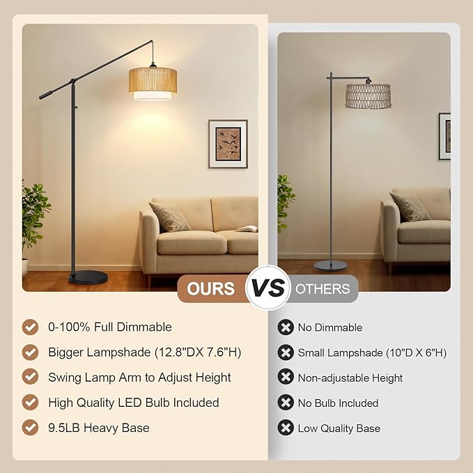 【Upgraded】Arc Floor Lamp for Living Room, Boho Dimmable Swing Arm Floor Lamp with Rattan & Fabric Shades, Black Rattan Standing Lamp with 11W Bulb, Farmhouse Adjustable Tall Lamp for Bedroom Office