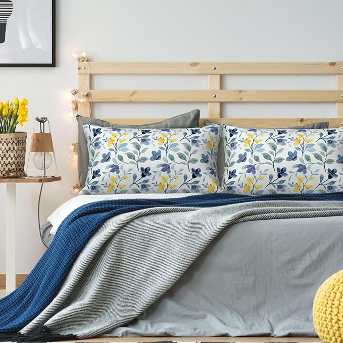 Spring Flowers Lumbar Pillow Covers 12x20 Inch Set of 2 Blue and Yellow Flower Throw Pillow Cover Vintage Plant Floral Pillowcase Cushion Cases for Home Couch Bed Sofa