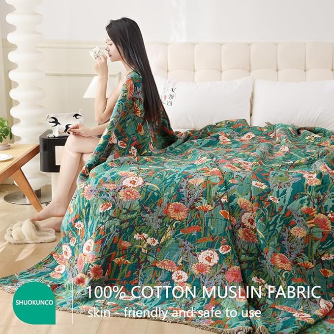 Boho Throw Blanket for Bed 100% Cotton Ultra Soft Rustic Quilt Floral Printed Farmhouse Decor Fall Bed Blankets,90"×98" All Season Rustic Large Throw for Sofa Couch Chair