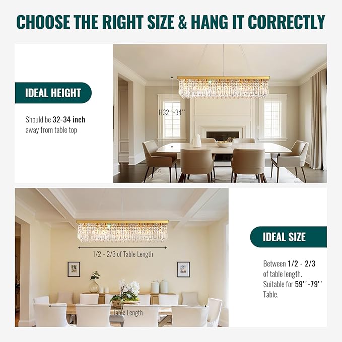 Siljoy Modern Crystal Chandelier, Luxury Gold Rectangular Raindrop Chandelier Lighting, 8-Light Rectangle Crystal Ceiling Light Fixture for Dining Room Kitchen Island Bar L40'' x W10'' x H10''