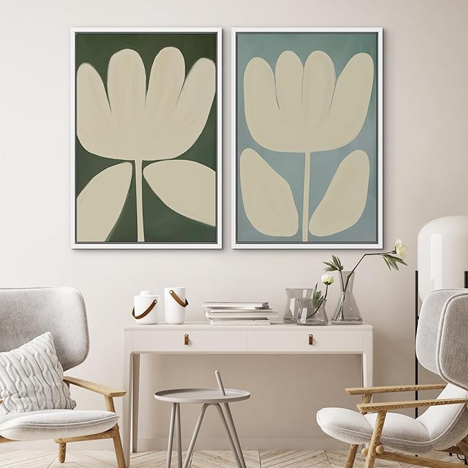 SIGNWIN Framed Canvas Print Wall Art Set Minimalist Floral Neutral Beige Flower Illustrations Modern Art Minimal Boho Colorful for Living Room, Bedroom, Office - 24"x36"x2 WHITE