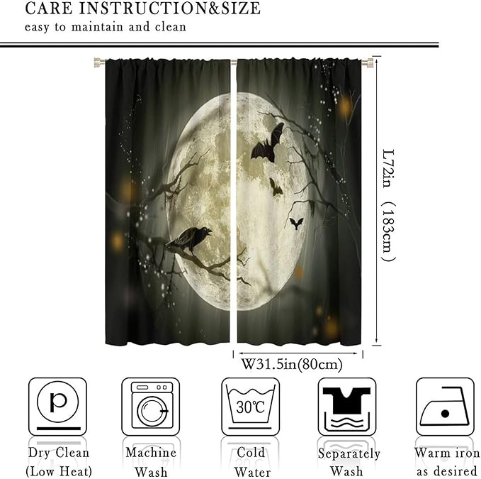 Gothic Halloween Full Moon Blackout Curtains, Gothic Halloween Night Black Bat Crow Print Window Drapes, for Kids Boys Bedroom Living Room 31.5(W)*72(L) 2 Panels