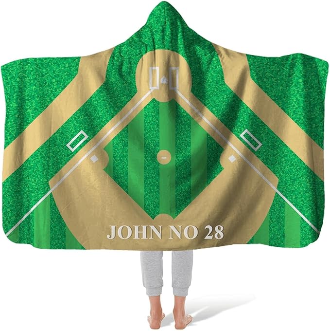 Personalized Baseball Field Hooded Blanket Custom Hooded Fleece Blanket with Name Softball Wearable Blanket University Team Blanket Gift for Sports Fans Kids Women Adult Graduation