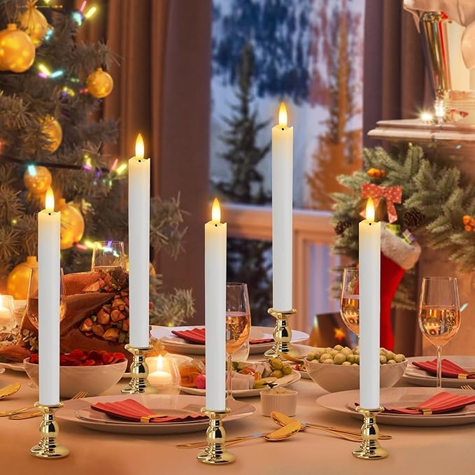HINZER 6 Pcs Flameless Taper Candles with Remote & Timer 9.6 inch Real Wax Battery Operated LED Warm 3D Wick Flickering Window Candles for Halloween Christmas Wedding Decor, White