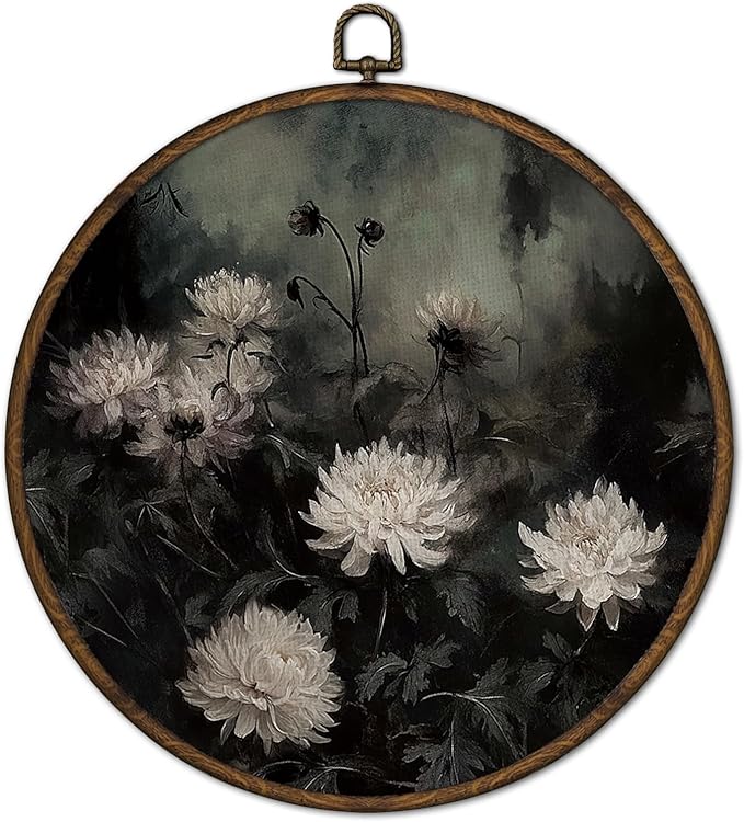 cvjutf Dark Academia White Chrysanthemum Floral Wall Art Decor Framed, Moody Gothic Flower Round Wall Decor, Rustic Dark Cottagecore Botanical Canvas Prints Art for Gallery Bedroom Living Room,10x10