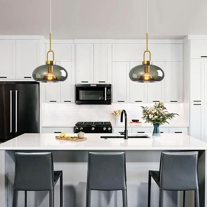 Gray Green Glass Pendant Lights Kitchen Island Gold Pendant Light Fixtures Adjustable Height Modern Pendant Lighting for Bedroom Dining Room (1-Pack)