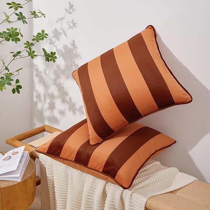MONDAY MOOSE Decorative Throw Pillow Covers Cushion Cases, Set of 2 Soft Velvet Striped Piping Edge Designs, Pillow Inserts Not Included (Rust/Coral, 18x18 inch)