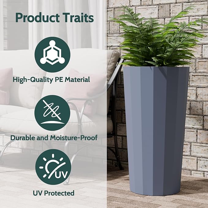 2PCS Tall Planters for Outdoor Plants, 23.6 Inches Large Outdoor Conical Flower Pots for Porch with Drainage Holes and Drainage Baffle, Tapered Large Planters for Garden, Balcony Use, Grey