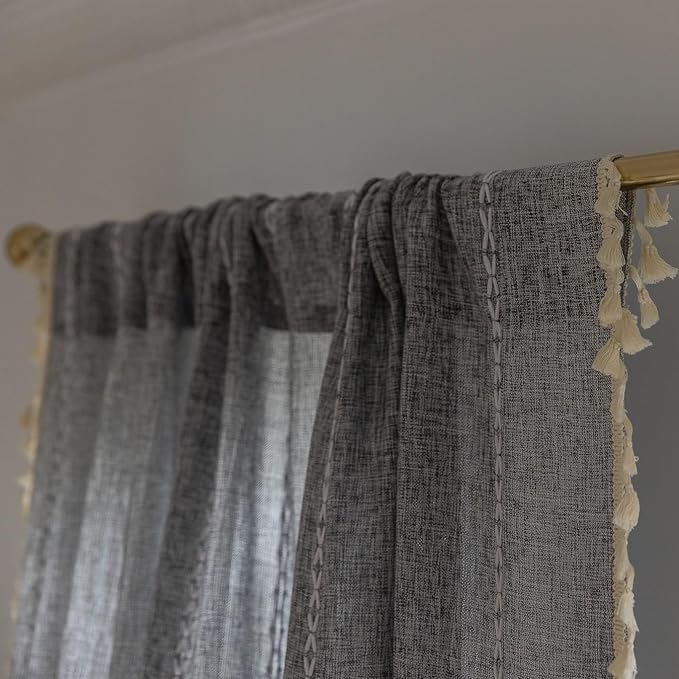 Sutuo Home Boho Curtains for Bedroom Living Room, Semi Blackout Privacy Linen Farmhouse Vintage Tassels Window Treatment Bohemian Embroidery Drape, Rod Pocket 1 Panel 52" W x 90" L, Black Grey