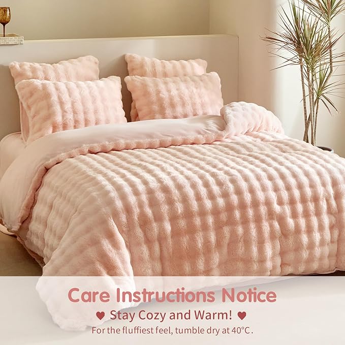 Tokokimo Pink Fluffy Comforter Cover Queen Set, Faux Rabbit Fur Duvet Cover Set 3 Pieces (1 Shaggy Duvet Cover+2 Pillowcases) Fuzzy Bedding Set (Pink, Queen)