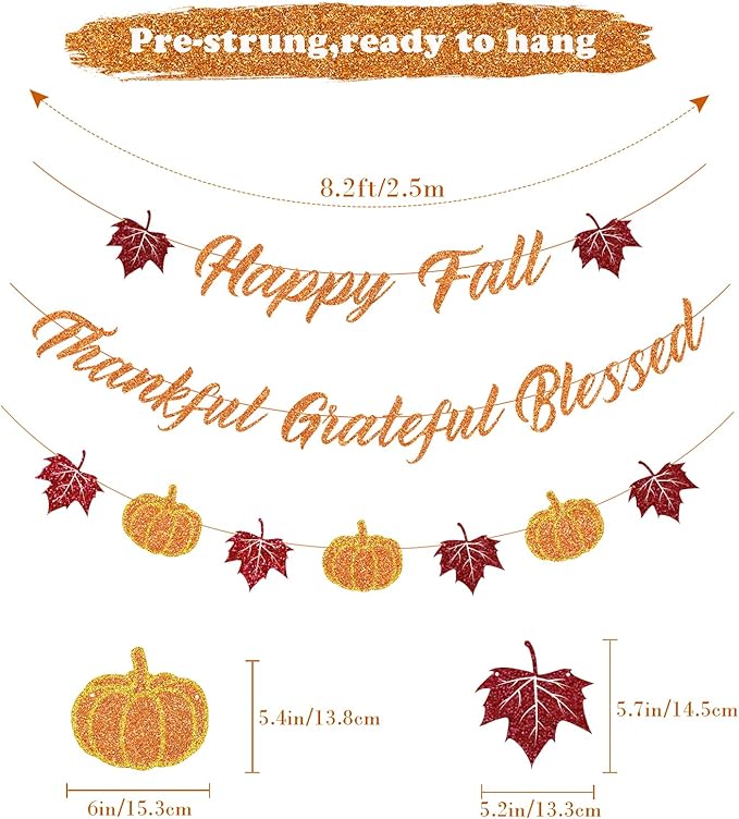 Fall Decorations Home Thanksgiving decor - Happy Fall and Blessed Grateful Thankful Banner with Pumpkin Maple Leaves Sign Garland Banner(Pre-Strung)