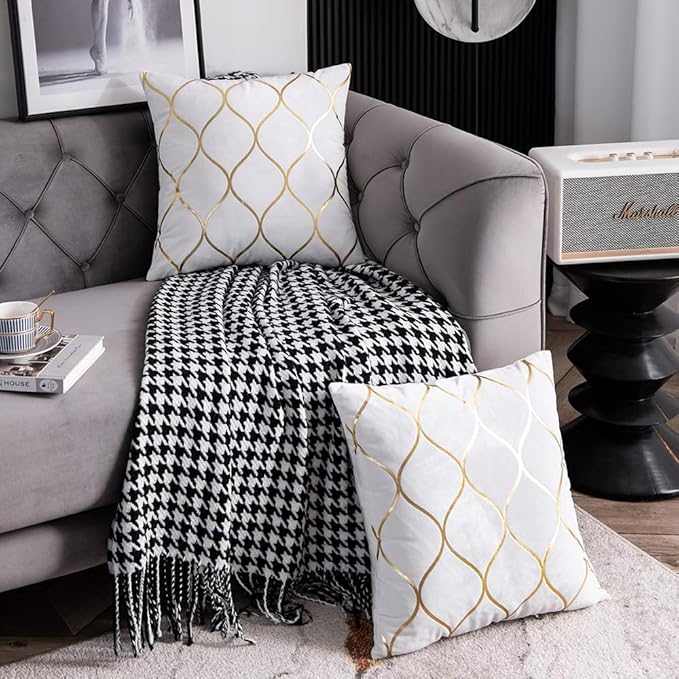 Gold Velvet Throw Pillow Covers Off White: 2 Pack 22x22 Inch Square Decorative Pillow Cases for Bedroom Sofa Couch Living Room