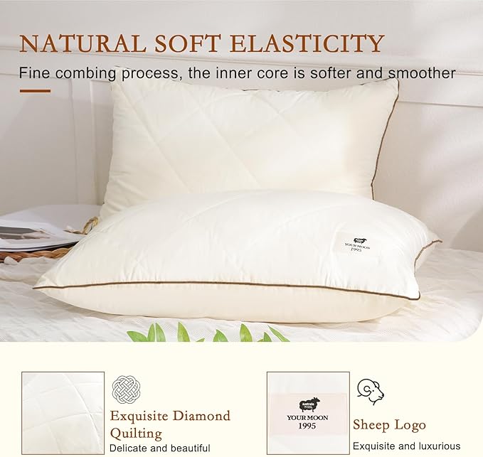 YOUR MOON Organic Wool Pillow Standard Size, Natural Wool & Down Alternative Filling, Luxury Hotel Quality Pillows, Soft Support Bed Pillows for Sleeping, 100% Cotton Cover (Off White)