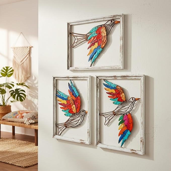 Newinhome Boho Metal Wall Art Birds,Wall Decor Colorful Bird 3 Pieces, Rustic Bird Wall Art,Farmhouse Home Wall Decor for Living Room Bedroom Bathroom house warming gift