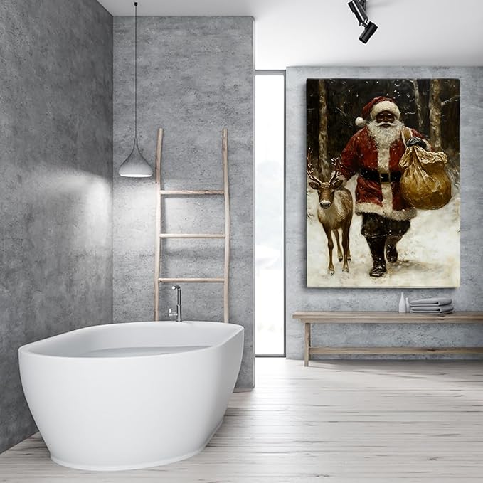Coming to Town | Vintage Black Santa Claus Wall Art,Winter Holiday Decor,Christmas Print,Pockets Prints,African Santas With Reindeer Painting
