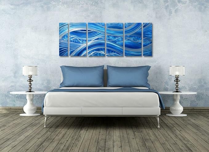 MyArton Handmade Abstract Metal Wall Art with Soft Color, Large Scale Decor in Blue Line Design, 3D Artwork for Indoor Outdoor Wall Decorations, 6-Panels Metal Art Measure 24"x 65"