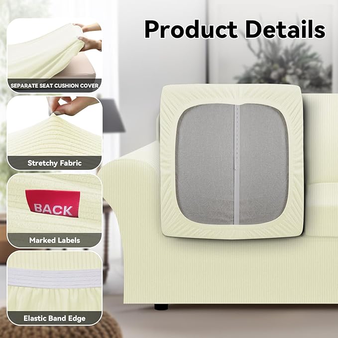 100% WaterproofLoveseat Cover 3-Piece Set Striped Loveseat Slipcovers for 2 Cushion Couch Sofa Covers with TPU Leakproof Bottom Stretch Couch Protector Pet Proof - Loveseat, Beige