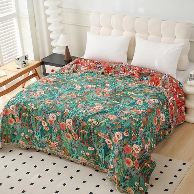 Boho Throw Blanket for Bed 100% Cotton Ultra Soft Rustic Quilt Floral Printed Farmhouse Decor Fall Bed Blankets,90"×98" All Season Rustic Large Throw for Sofa Couch Chair