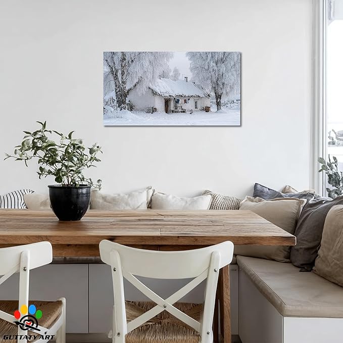GUTTATY Christmas Winter Scene Canvas Pictures, Snowy Village Wall Decor, White Frost Landscape Canvas Artwork, Rustic Cabin Wall Painting for Living Room, Bedroom, Holiday Decoration, 40x20 Inch