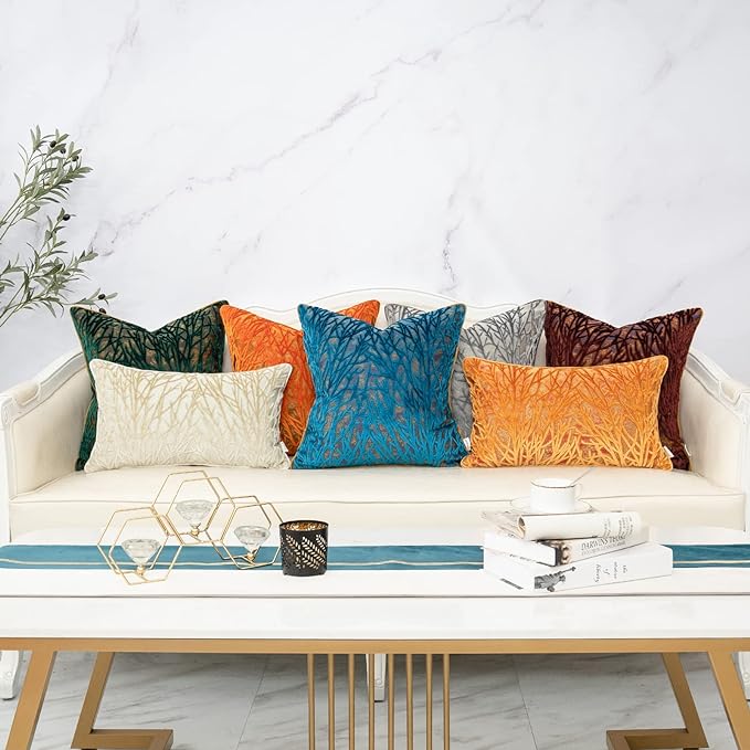Yangest Beige Throw Pillow Cover Velvet Cushion Cover Branches Rectangular Neutral Pillowcase for Sofa Couch Bedroom Living Room, 12x20 Inch