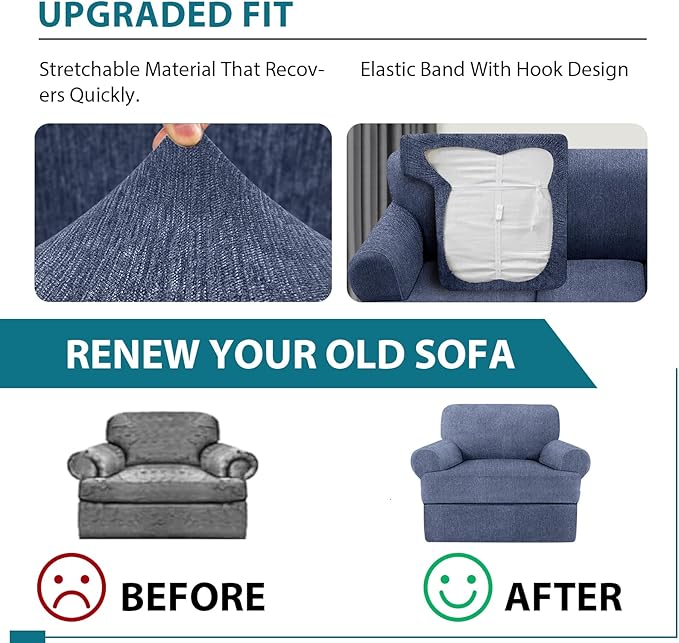 2 Pieces T Cushion Chair Covers with Arms Super Stretch Chair Slipcover for Living Room Pet Dog Universal Slip Cover Anti Slip Armchair Furniture Protector (Blue Gray, 1 Cushion)