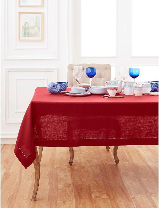 Solino Home Linen Tablecloth for Rectangle Tables 60 x 156 Inch - Classic Hemstitch 100% Pure Linen Red Table Cloth - Machine Washable Cloth Tablecloth for Christmas, Holiday