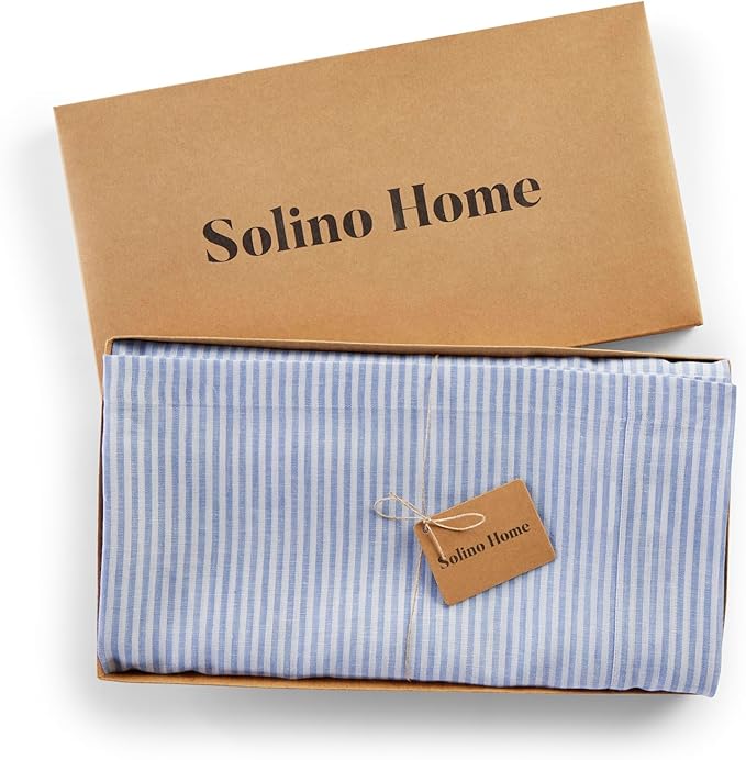 Solino Home Linen Tablecloth 60 x 132 Inch - Narrow Stripe 100% Pure Linen Cornflower Blue and White Table Cloth for Rectangle Tables - Machine Washable Tablecloth