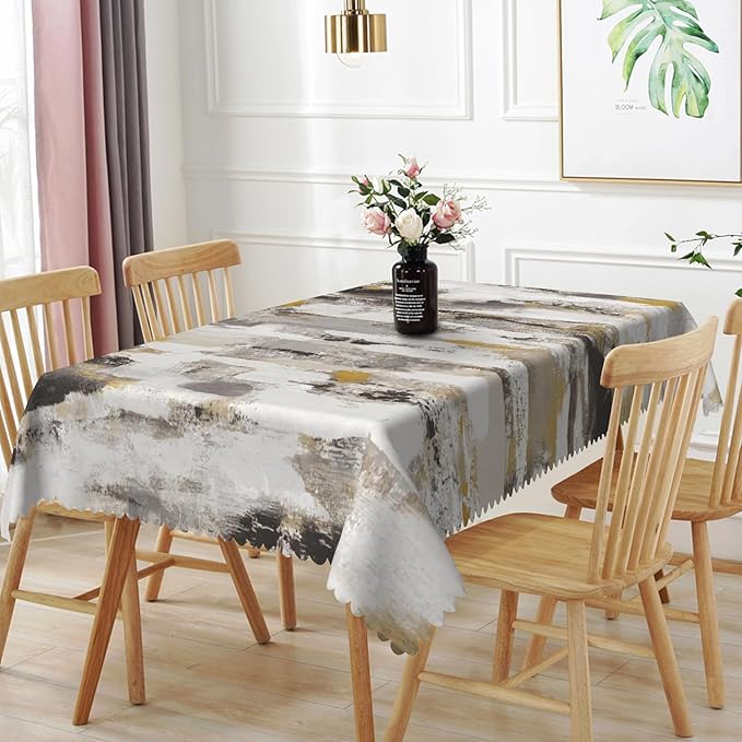 52x70inches Grey White Abstract Art Tablecloth Grunge Style Oil Painting Modern Tablecloth Oil Proof Waterproof Fabric Table Cover for Kitchen Dining Room Living Room Patio Home Decorations