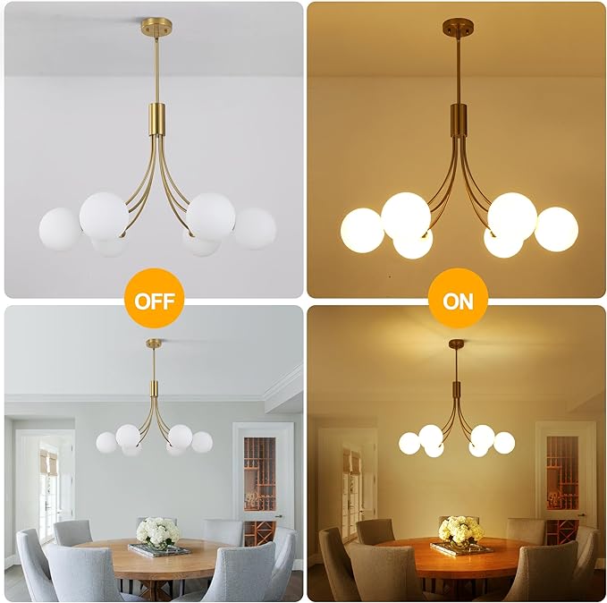 6-Light Modern Gold Sputnik Chandelier Mid Century Brushed Brass Light Fixture with Milk Glass Globes for High Ceiling Dining Room Kitchen Island Living Room