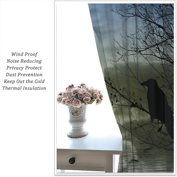 Gothic Crows Blackout Curtains, Vintage Moon Misty Tree Woodland Lake Water Raven Black Crow Retro Rustic Window Drapes, for Living Room Bedroom 21(W)*45(L) 2 Panels