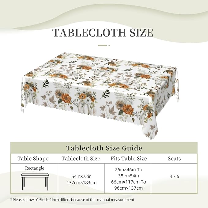 Fall Tablecloth for Dining Tables,Pumpkin Maple Leaves Rectangle Tablecloths Reusable Tabletop Decoration Holiday Thanksgiving Autumn Harvest Table Cover for Kitchen,Party,Picnic,54x72Inch