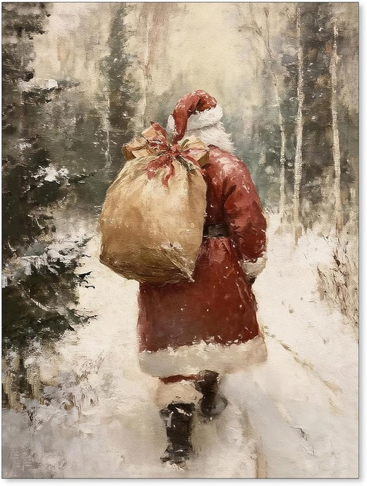 Santa Claus in Winter Forest Poster Vintage Christmas Holiday Canvas Wall Art Cozy Nature Christmas Tree Oil Painting Prints for Cottagecore Bedroom Wall Decor 12x16 inch Unframed